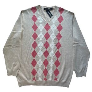 NWT Claiborne Mens Argyle V Neck Sweater XL Pink Tan White Cotton Classic $50